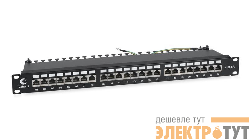 Патч-панель 19дюйм 1U 24 порта RJ45 кат.6A полностью экранир. с задн. кабельн. организатором Cabeus 7653c