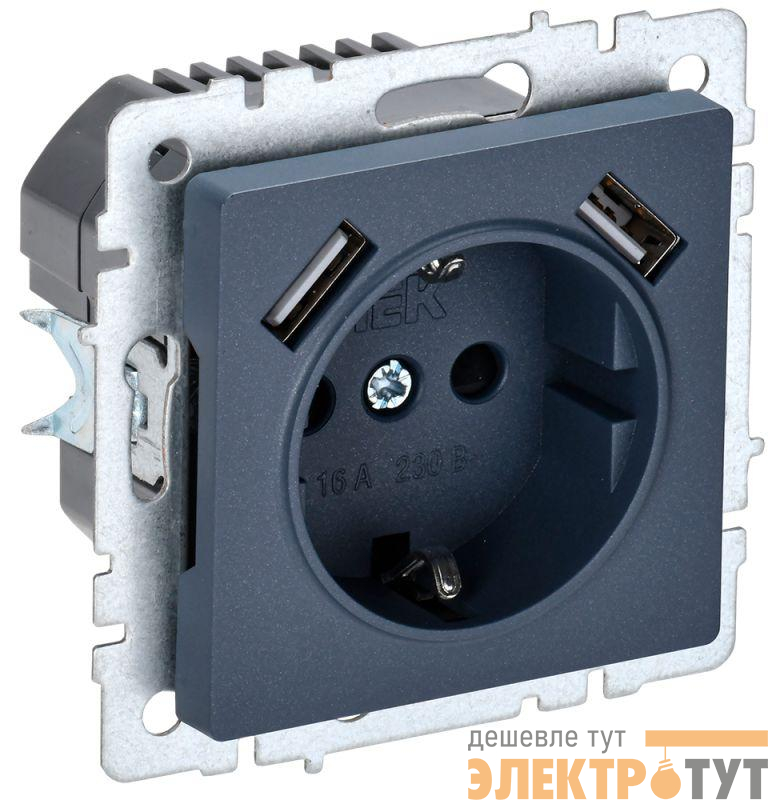 Розетка BRITE РЮш10-1-БрМ 16А с USB A+A 2.1А с заземл. защ. шторки механизм маренго IEK BR-R14-16-U21-D21-K35