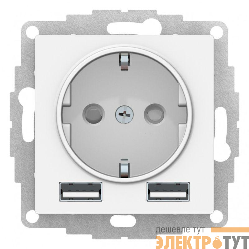 Розетка 1-м СП AtlasDesign 16А IP20 с 2-мя заряд. устройствами USB тип A+A 5В/2.4А 2х5В/1.2А механизм бел. SE ATN000130