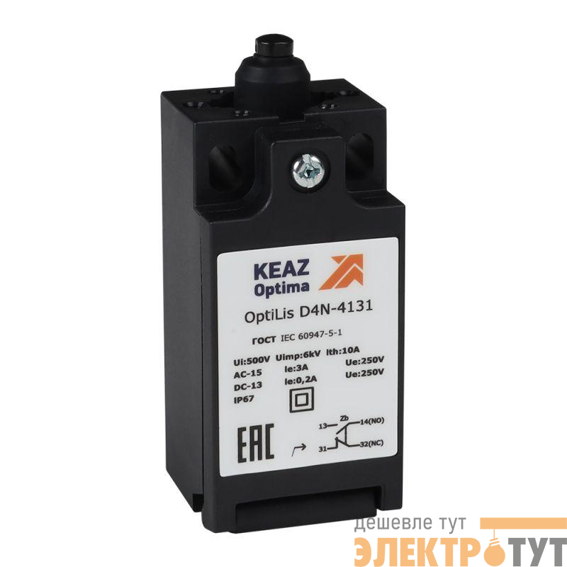 Выключатель концевой OptiLiS D4N-4132 толкатель роликовый пластик. EN 50047 XCKN2100P20 КЭАЗ 365303