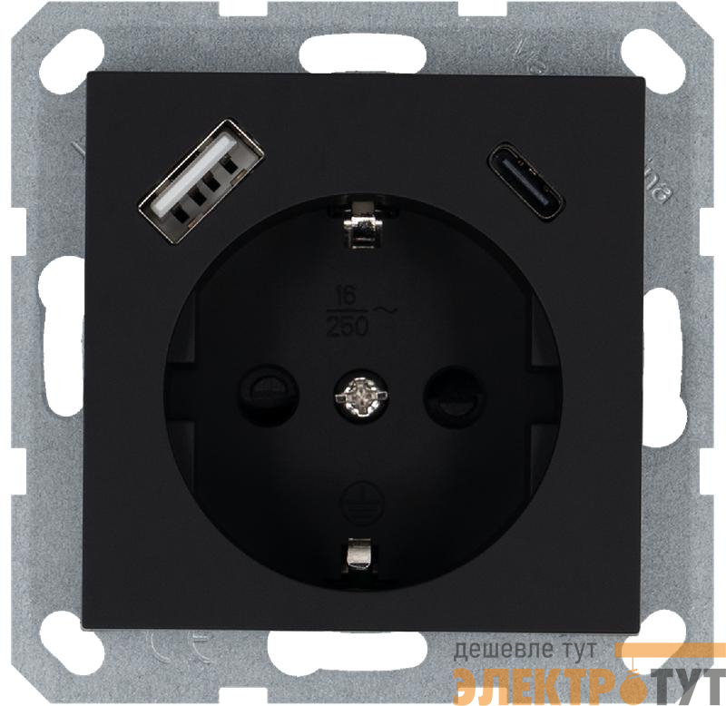 Розетка Shuko 16А с заземл. защ. шторки с 2-мя заряд. устройствами USB тип A+C 25Вт механизм черн. матов. soft touch Jasmart G5501USB-25PB