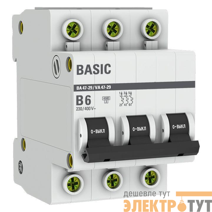 Выключатель автоматический модульный 3п B 6А 4.5кА ВА 47-29 Basic EKF mcb4729-3-06-B