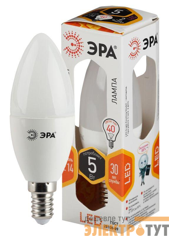 Лампа светодиодная B35-5w-827-E14 свеча 400лм ЭРА Б0018871