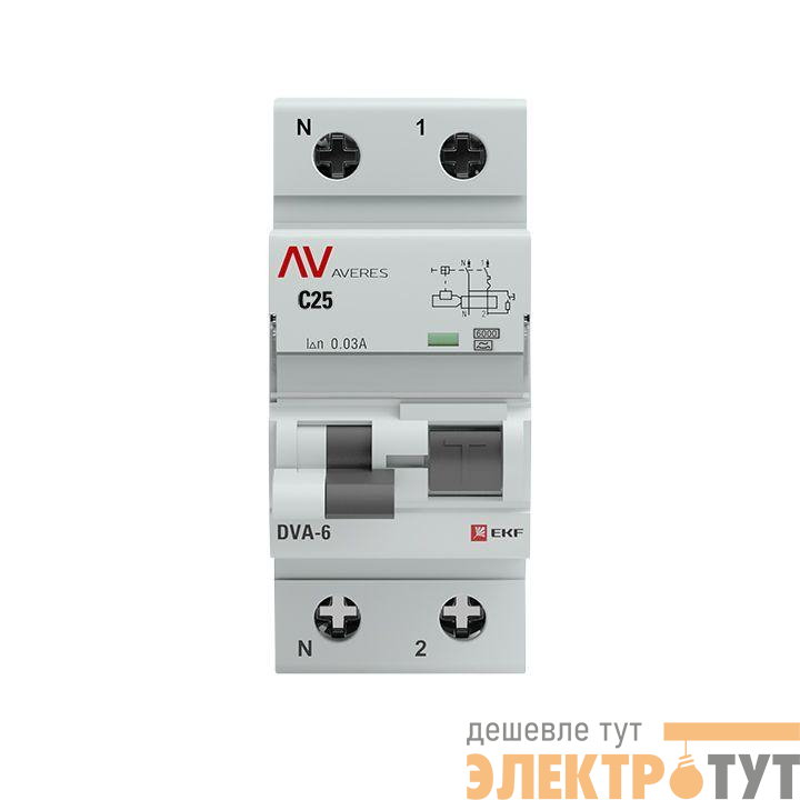Выключатель автоматический дифференциального тока 1п+N C 25А 30мА тип A DVA-6 6кА AVERES EKF rcbo6-1pn-25C-30-a-av