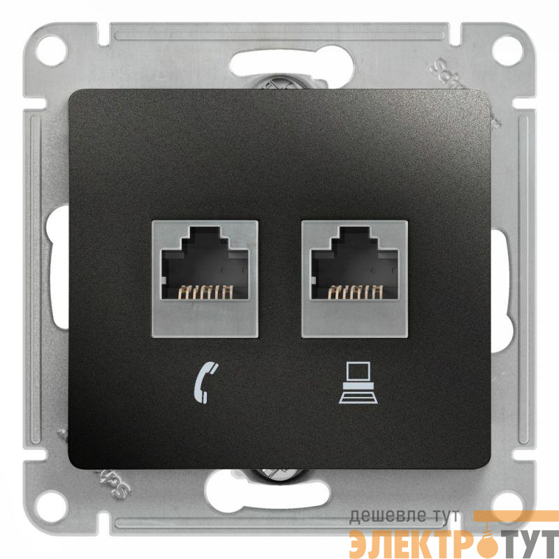 Розетка компьютерная + телефонная 2-м СП Glossa RJ45 + RJ11 кат.5E механизм антрацит SE GSL000785