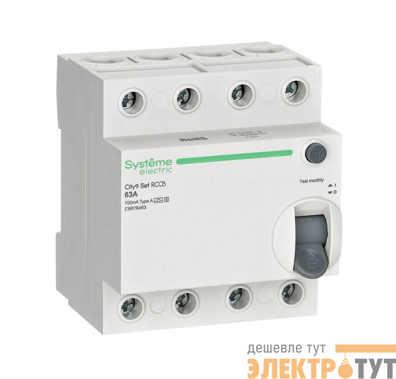 Выключатель дифференциального тока City9 Set 4п 63А 100мА A-S 400В SE C9R76463