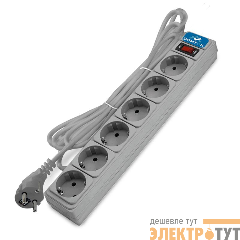 Удлинитель с сетевым фильтром 6х1.8м с заземл 10А IP20 2.2кВт ПВС 3х1 с выкл. сер. DOMTOK 2518