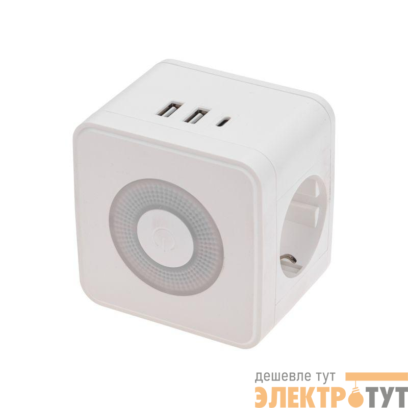 Двойник электрический Куб 16А с/з+2хUSB-A 2.4А+USB Type-C 3А с ночной подсветкой бел. Rexant 11-1251