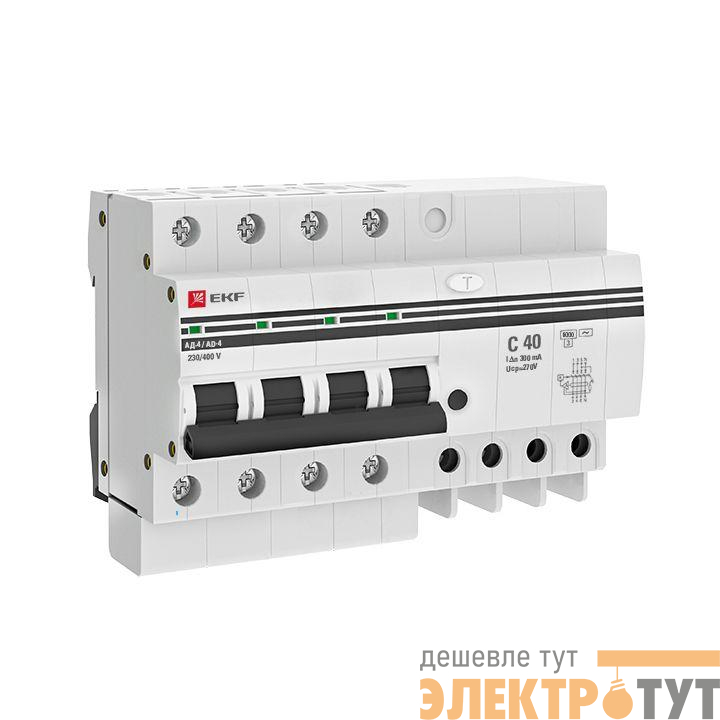 Выключатель автоматический дифференциального тока C 40А 300мА тип AC 6кА АД-4  (электрон.) защита 270В PROxima EKF DA4-6-40-300-pro