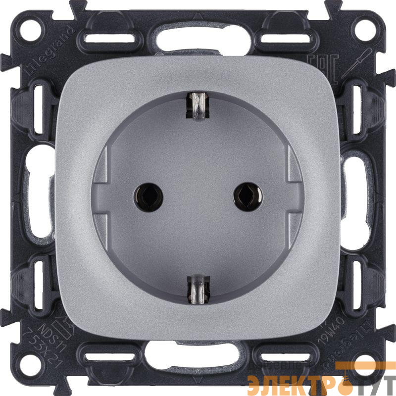 Розетка 1-м СП Valena Allure 16А IP2X 250В 2P+E безвинтов. клеммы с лицев. панелью механизм алюм. Leg 753921
