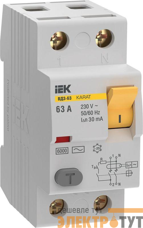 Выключатель дифференциального тока (УЗО) 2п 63А 30мА 6кА тип AC ВД3-63 KARAT IEK MDV20-2-063-030