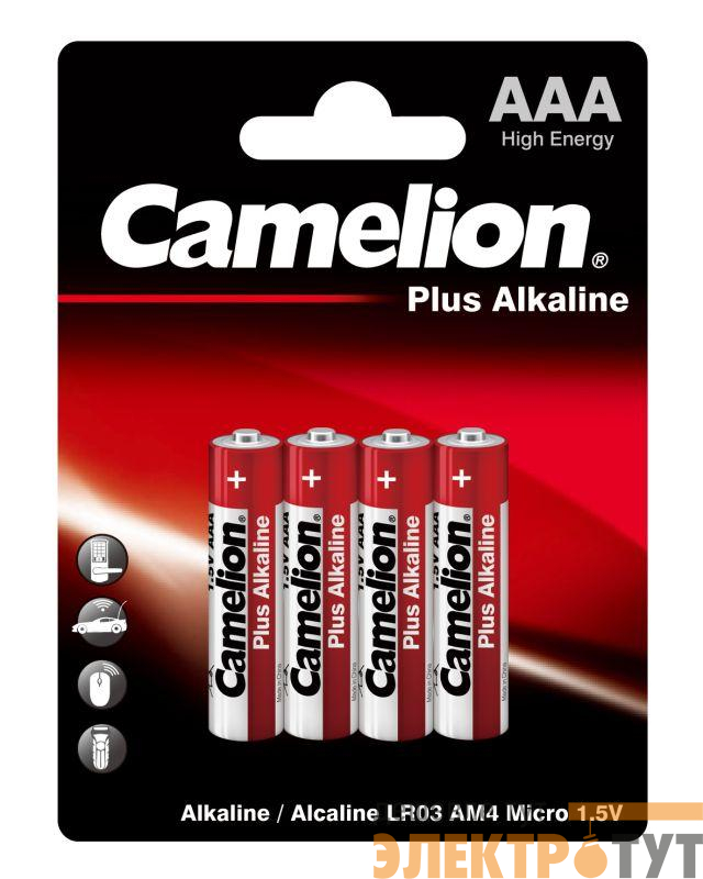 Элемент питания алкалиновый AAA/LR03 1.5В Plus Alkaline LR03-BP4 BL-4 (блист.4шт) Camelion 7369