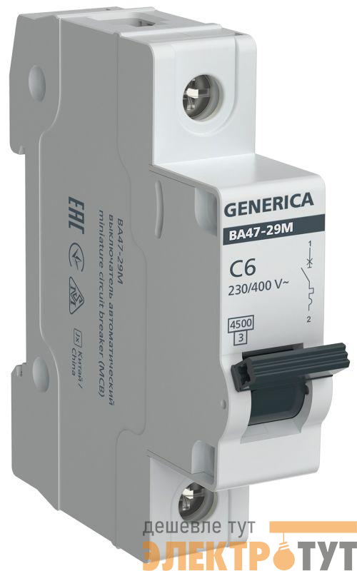 Выключатель автоматический модульный 1п C 6А 4.5кА ВА47-29М GENERICA MVA21-1-006-C-G