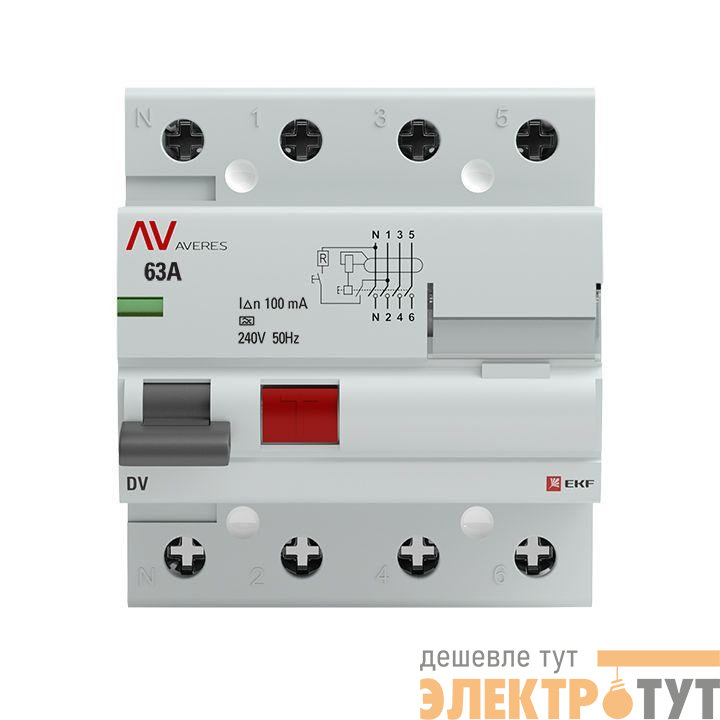 Выключатель дифференциального тока (УЗО) 4п 63А 100мА тип A DV AVERES EKF rccb-4-63-100-a-av