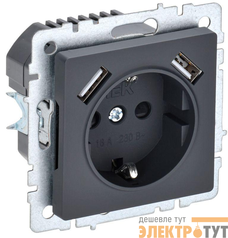 Розетка BRITE РЮш10-1-БрГ 16А с USB A+A 2.1А с заземл. защ. шторки механизм графит IEK BR-R14-16-U21-D21-K53