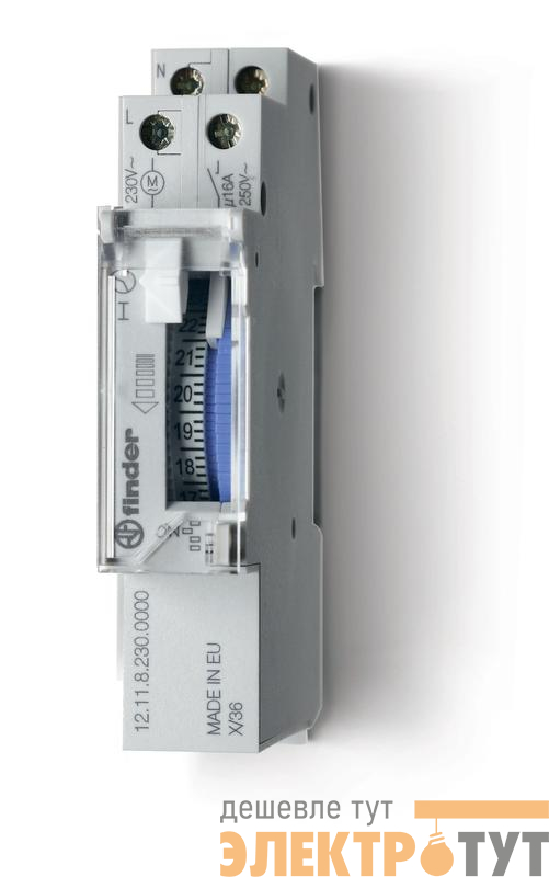 Реле времени механическое суточное 16А 230В AC 1NO 17.6мм монтаж на рейку 35мм резервн. источник питания IP20 FINDER 121182300000