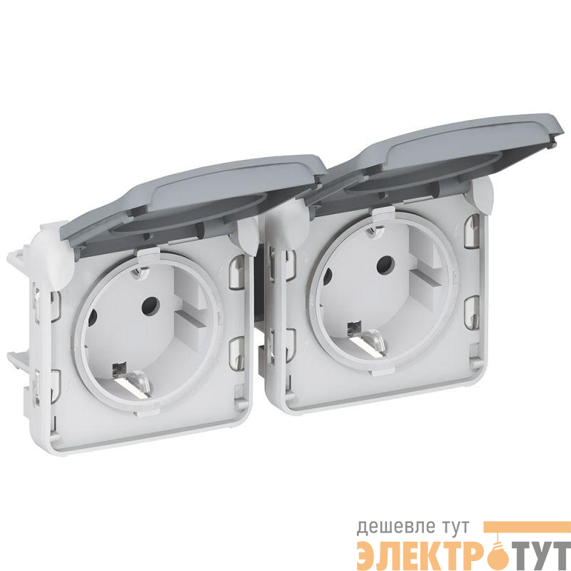 Розетка 2-м СП Plexo 16А IP55 горизонт. 2х2P+E с заземл. с крышкой немецк. стандарт механизм сер. Leg 069576