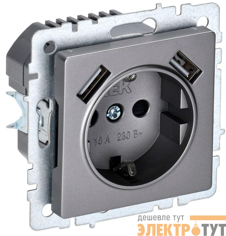 Розетка BRITE РЮш10-1-БрС 16А с USB A+A 2.1А с заземл. защ. шторки механизм сталь IEK BR-R14-16-U21-D21-K46