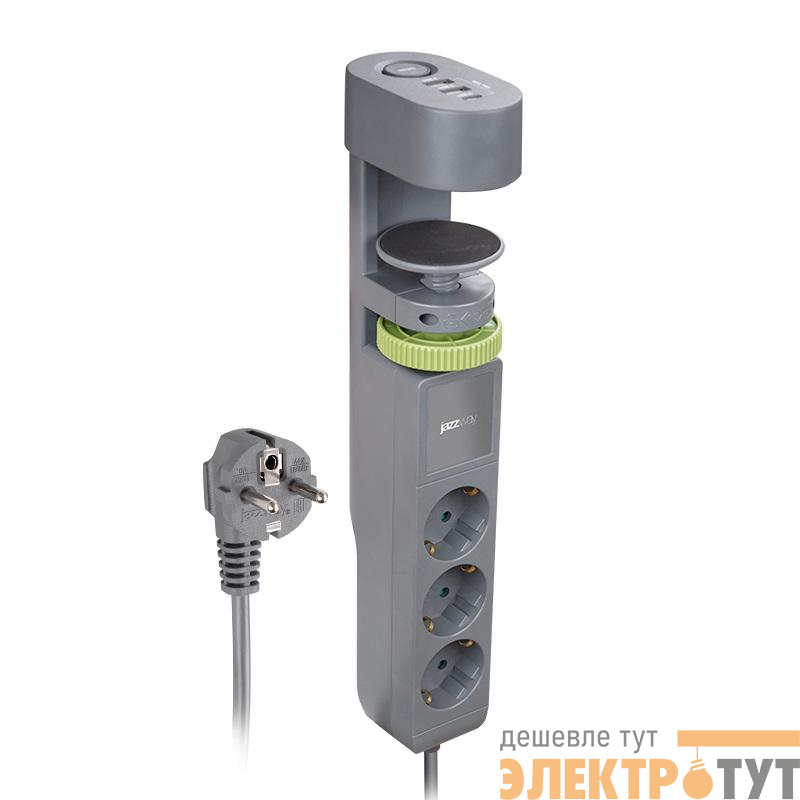 Удлинитель 3х1.5м на струбцине с заземл. с выкл. 3 USB выхода (2А+1С) IP20 ПВС 3х1 ETD-03U-150-gy (3х1.5) сер. JAZZway 5059559