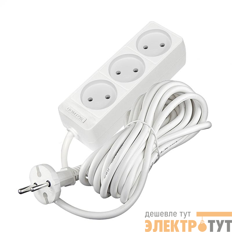 Удлинитель 3х5м без заземл. 10А IP20 2.2кВт ПВС 2х0.75 бел. DOMTOK 2372