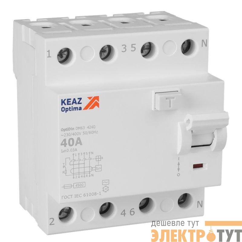 Выключатель дифференциального тока (УЗО) 4п 40А 30мА тип AC 4.5кА OptiDin DM63-4240 УХЛ4 КЭАЗ 343892