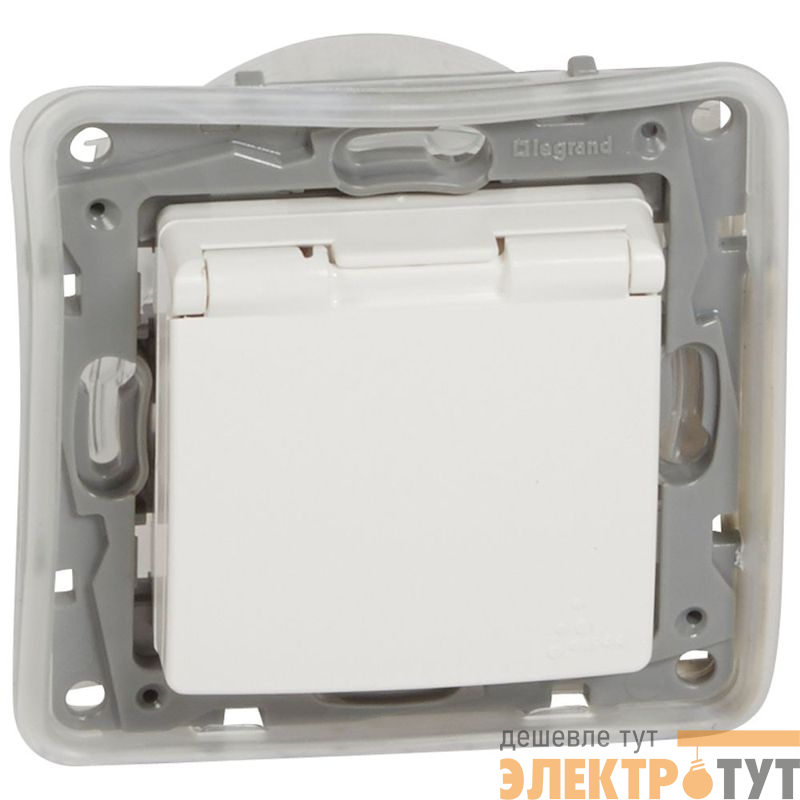 Розетка 1-м СП Etika 16А IP44 250В 2P+E с заземл. защ. шторки с крышкой немецк. стандарт безвинтов. клеммы механизм бел. Leg 672232