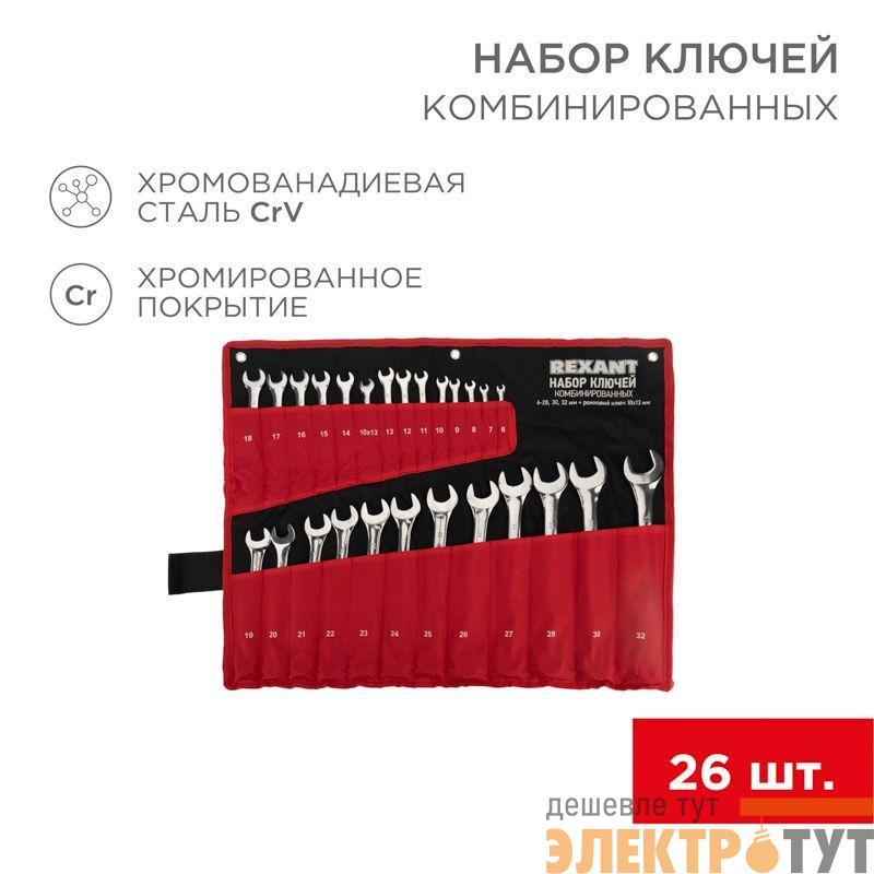 Набор ключей комбинированных 6х32мм 26шт CrV полированный хром Rexant 12-5848