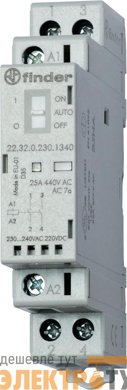 Контактор модульный 1NO + 1NC 25А AgSnO2 230В AC/DC 17.5мм IP20 мех. индикатор + LED FINDER 223202304520