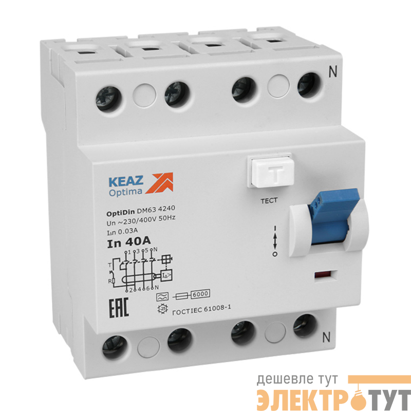 Выключатель дифференциального тока (УЗО) 4п 40А 30мА тип AC OptiDin DМ63-4240 AC УХЛ4 КЭАЗ 254211