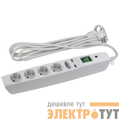 Удлинитель с сетевым фильтром 5х2м с заземл. 10А IP20 U-5es-2m-W 2хUSB ПВС 3х0.75 с выкл. защ. шторки бел. Эра C0043327