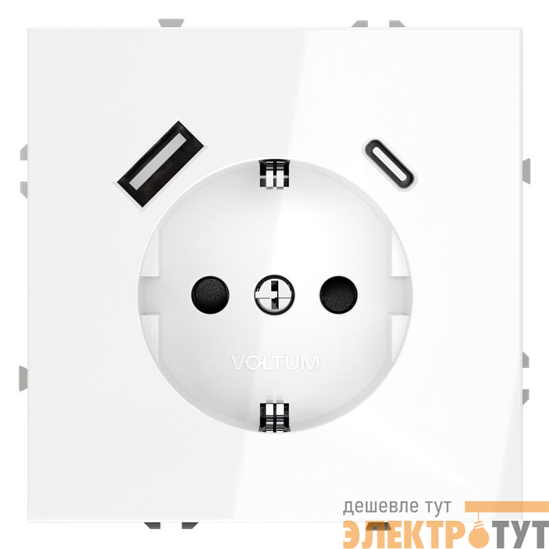 Розетка 1-м СП S70 16А с USB тип A+С механизм с заземл. защ. шторки бел. глянцевый Voltum VLS040501