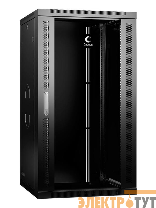 Шкаф телекоммуникационный настенный разобранный SH-05F-22U60/45-R-BK 19дюйм 22U 600х450х1082мм дверь стекло черн. (RAL 9004) Cabeus 10775c