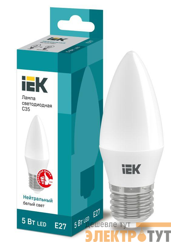 Лампа светодиодная Eco 5Вт C35 свеча 4000К нейтр. бел. E27 450лм 230-240В IEK LLE-C35-5-230-40-E27