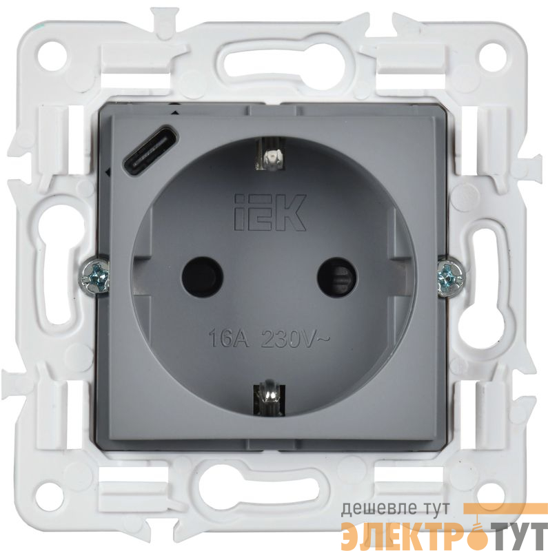 Розетка SKANDY 18Вт 16А с заземл. защ. шторки с USB C SK-R17Gr сер. IEK SK-R14-16-U14-018-K03