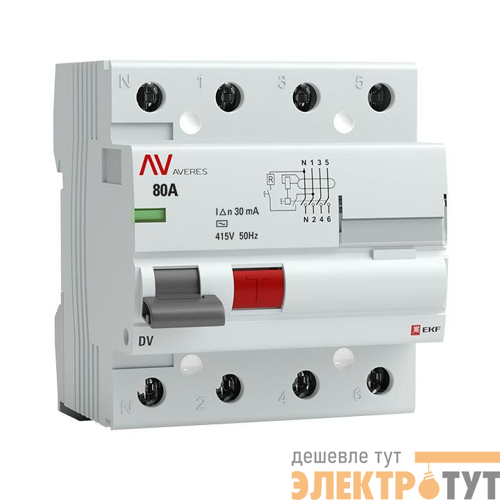Выключатель дифференциального тока (УЗО) 4п 80А 30мА тип ACS DV AVERES EKF rccb-4-80-30-ac-av