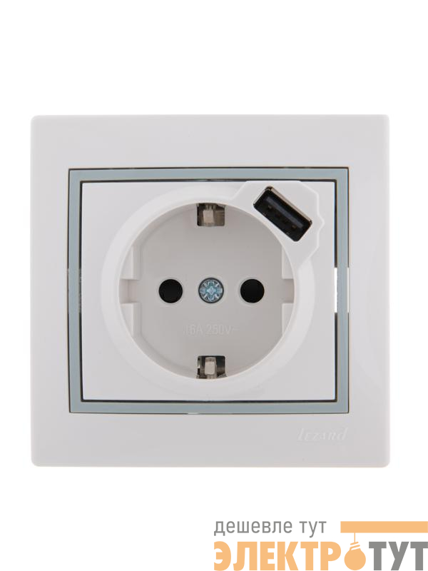 Розетка 1-м СП Mira 16А с заземл. + USB разъем с сер. вставкой бел. LEZARD 701-0215-181