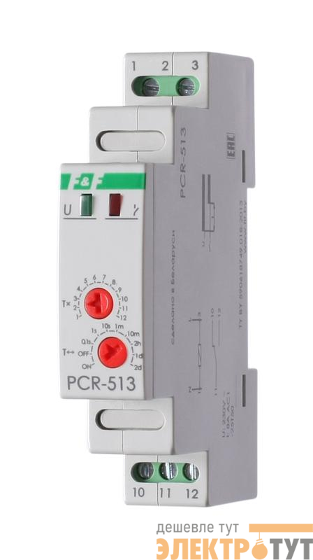 Реле времени PCR-513 (задержка вкл. 230В 8А 1перекл. IP20 монтаж на DIN-рейке) F&F EA02.001.003