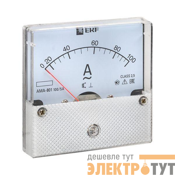 Амперметр аналоговый AM-A801 на панель 80х80 кругл. вырез 100А трансф. подкл. EKF am-a801-100/ama-801-100