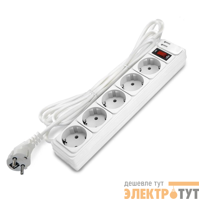 Удлинитель с сетевым фильтром 5х3м с заземл 10А 2.2кВт IP20 2хUSB ПВС 3х1 с выкл. бел. DOMTOK 2565