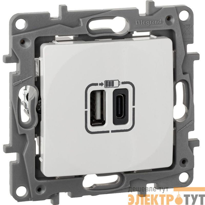 Устройство зарядное Etika с 2-мя USB разъемами A и C 240В/5В 3000мА бел. IEK 672236