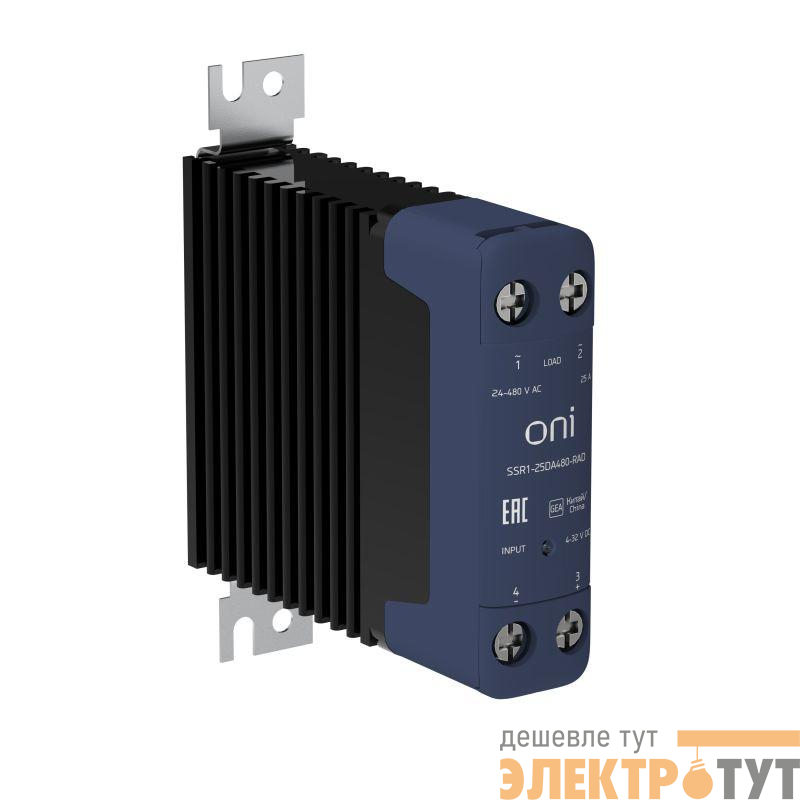 Реле твердотельное SSR1 25А 4-32В DC 24-480В AC с радиатором ONI SSR1-25DA480-RAD