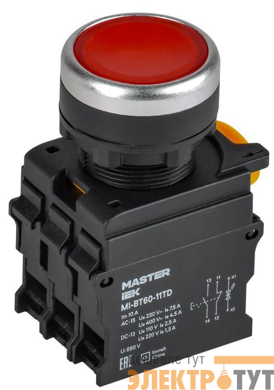 Кнопка d22мм 1НО+1НЗ MASTER с подсветкой и фиксацией красн. IEK MI-BT60-11TD-3-11-K04