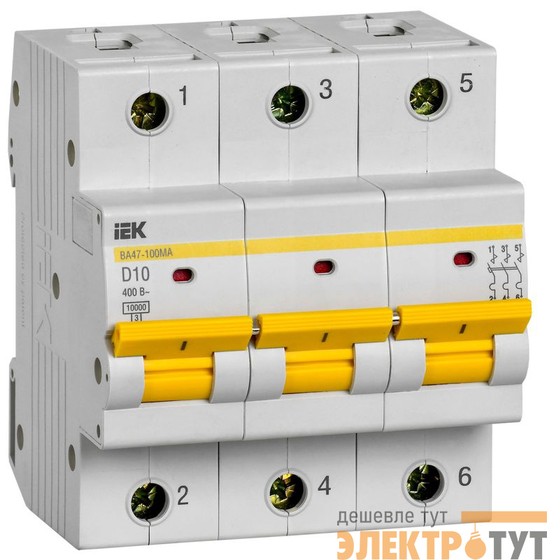 Выключатель автоматический модульный 3п D 10А 10кА ВА47-100МА без тепл. расцеп. KARAT IEK MVA43-3-010-D