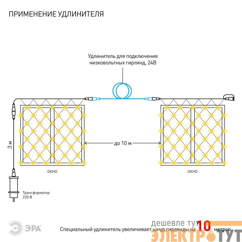 Гирлянда светодиодная "Сеть" 1.2мх1.5м 144LED 24В IP44 тепл. свет( без трансформатора  Б0041911) ЭРА Б0041909