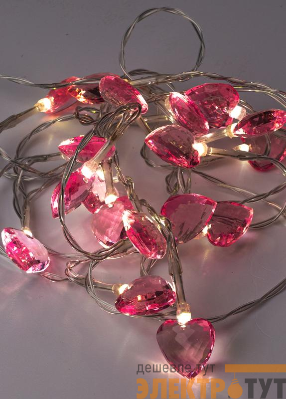 Гирлянда светодиодная "Сердечки 3D" 20LED 2.5х1х2.3см 1.9+0.5м роз. прозр. акрил тепл. бел. КОСМОС KOC_GIR-B111