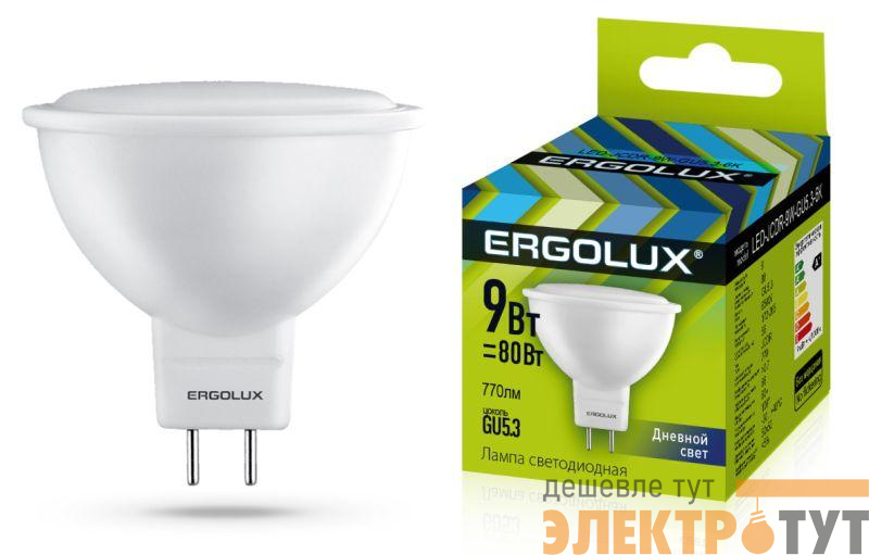 Лампа светодиодная LED-JCDR-9W-GU5.3-6K 9Вт JCDR рефлектор 6500К холод. бел. GU5.3 180-240В Ergolux 13626
