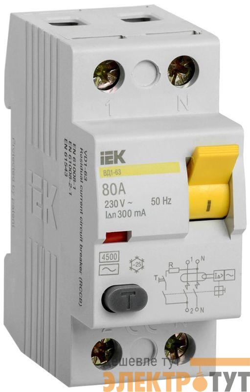 Выключатель дифференциального тока (УЗО) 2п 80А 300мА тип AC ВД1-63 KARAT IEK MDV10-2-080-300