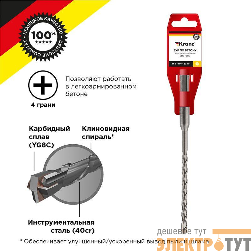 Бур по бетону 6х160мм крестовая пластина SDS PLUS Kranz KR-91-0802