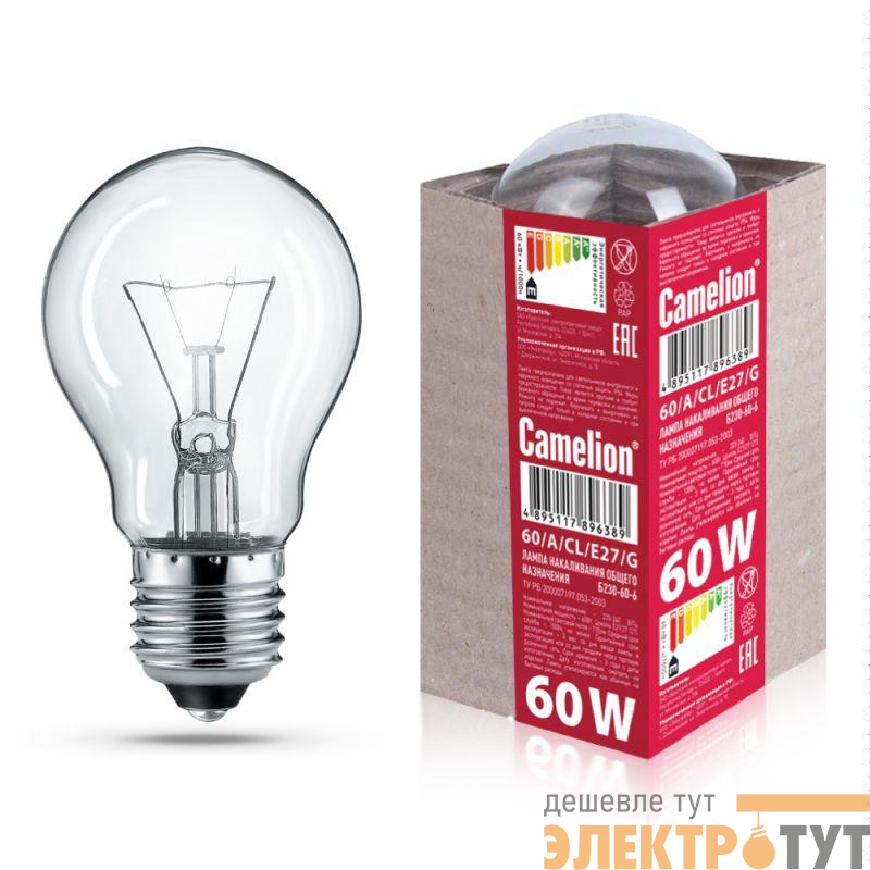 Лампа электрич. накаливания 60/A/CL/E27/G с прозр. колбой ЛОН ГОФРА Б230-60-6 Camelion 15042