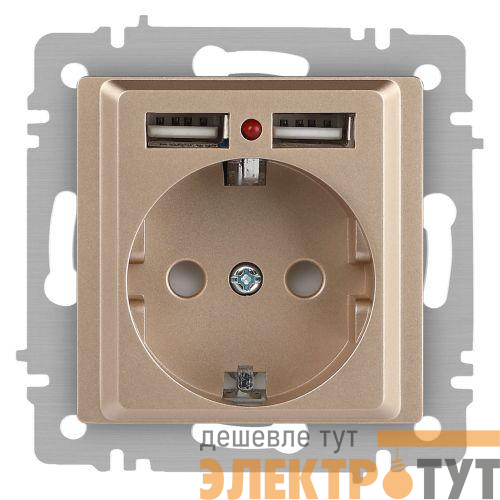 Розетка 1-м СП Accent 6-410-04 16А IP20 250В P+E Schuko + 2хUSB защ. шторки шампань Intro Б0063696